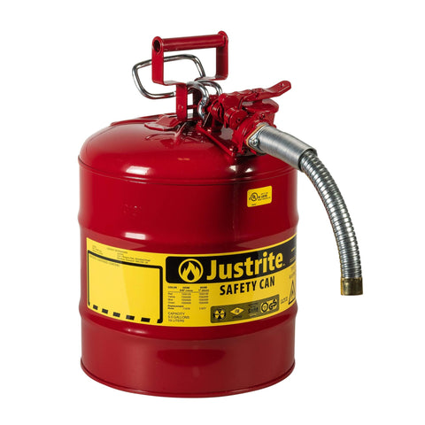 Justrite 7250130 5 Gallon Type II Steel Safety Can for Flammables, 1" Metal Hose, AccuFlow™ Valve, Red Colour