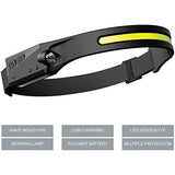 COB LED 350 Lumens USB Rechargeable Wave Sensor 5 Modes Ultra-low Profile Headlamp & Helmet Clips